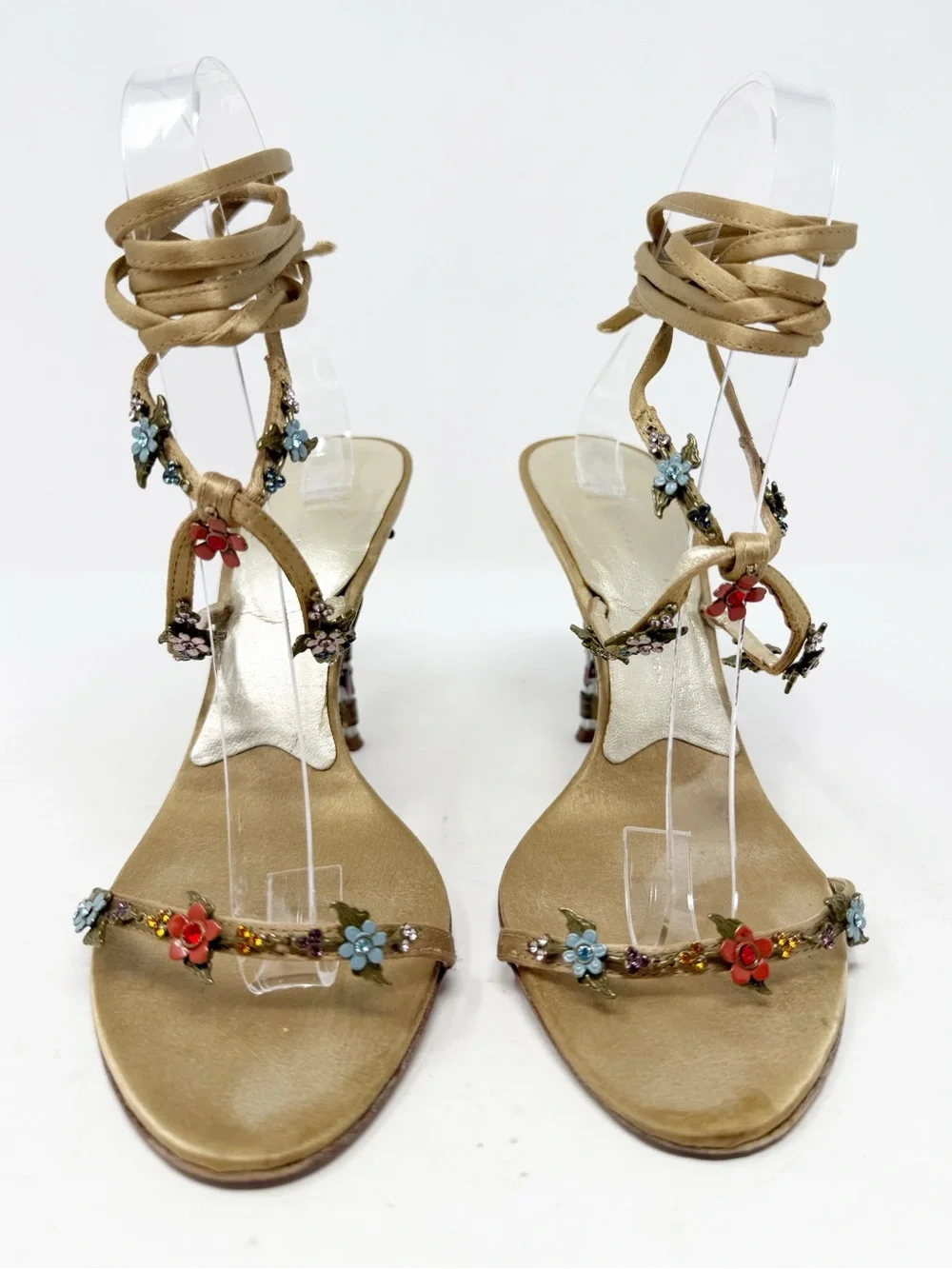 Giuseppe Zanotti Satin Floral Embellished Wrap Sandal Heels Womens Size 7.5 - Picture 3 of 11